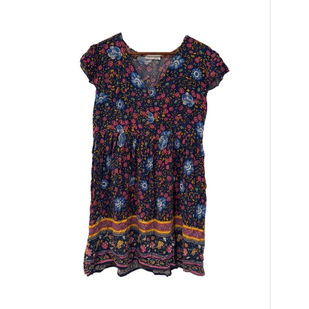 Kirundo Floral Babydoll Dress Women XL Navy Blue Excellent V-Neck Flutter Sleeve